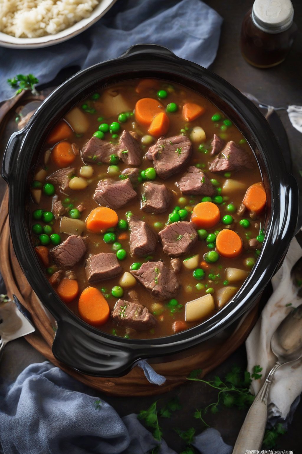 A high-resolution photo of slow cooker beef stew with peas and tender veggies straight from the pot, under soft lighting.