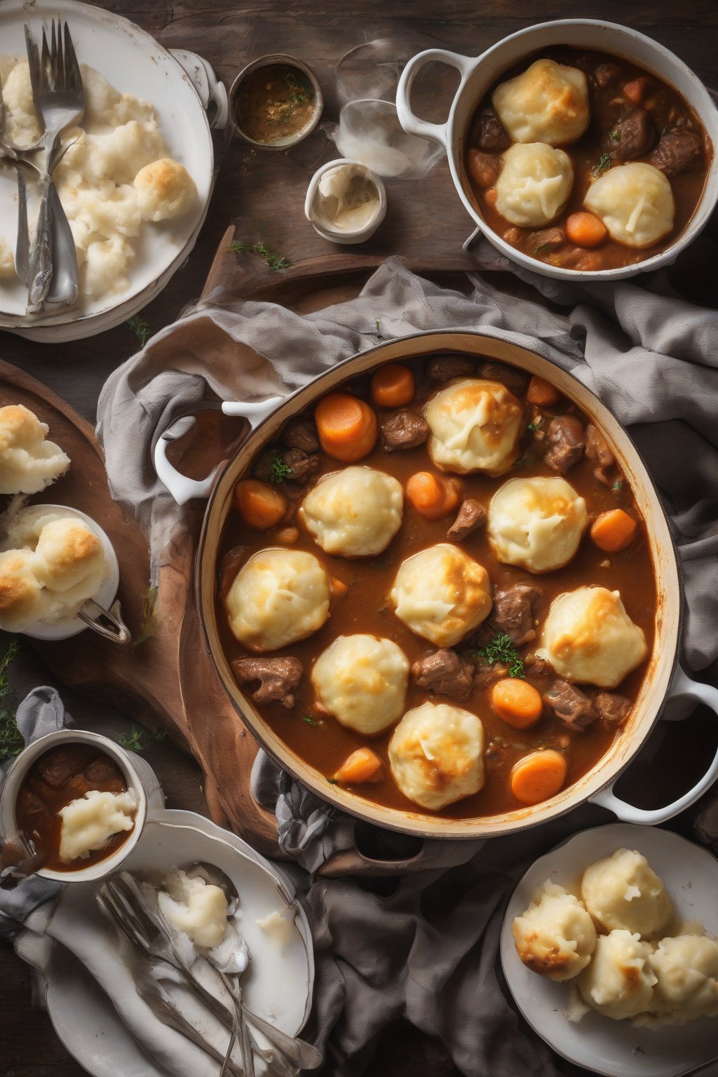A high-resolution photo of beef stew topped with fluffy cheesy dumplings, golden and steaming, under soft lighting.