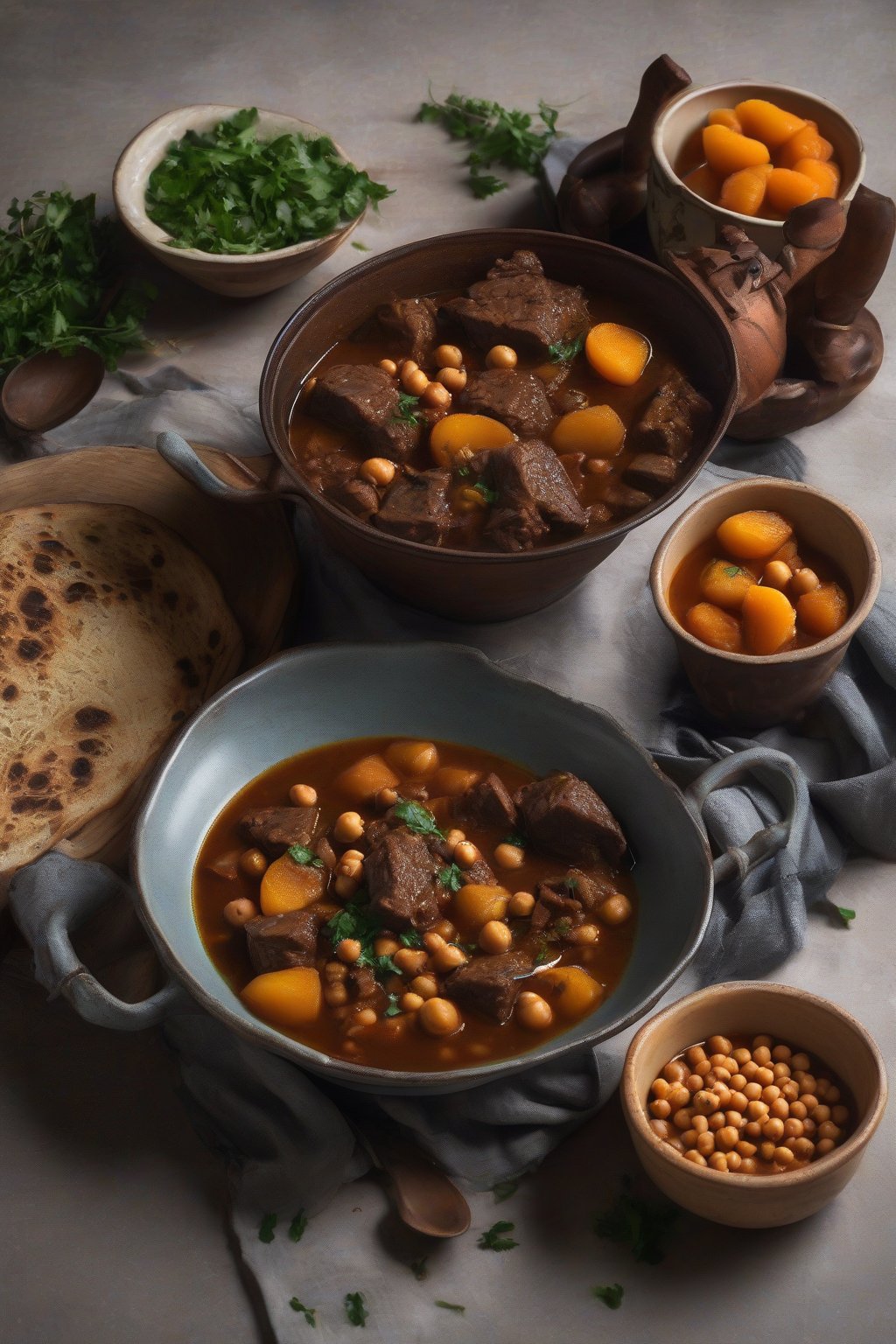 A high-resolution photo of Moroccan beef stew with apricots and chickpeas in spiced broth, under soft lighting.
