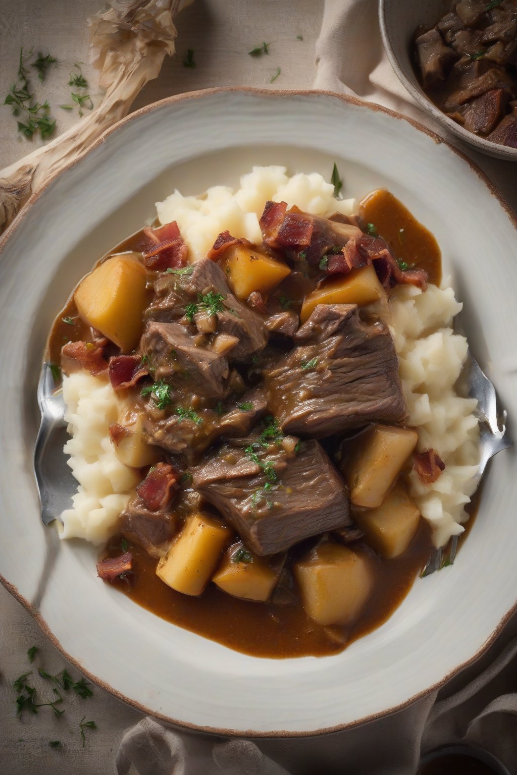 A high-resolution photo of beer-braised beef stew with bacon bits and parsnips in foamy gravy, under soft lighting.