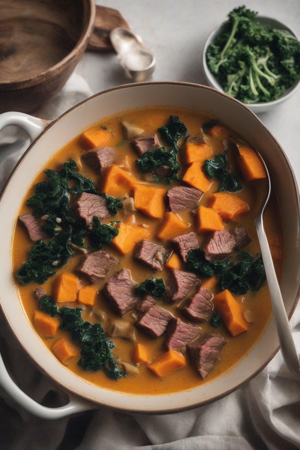 A high-resolution photo of beef and sweet potato stew with kale ribbons in coconut curry broth, under soft lighting.