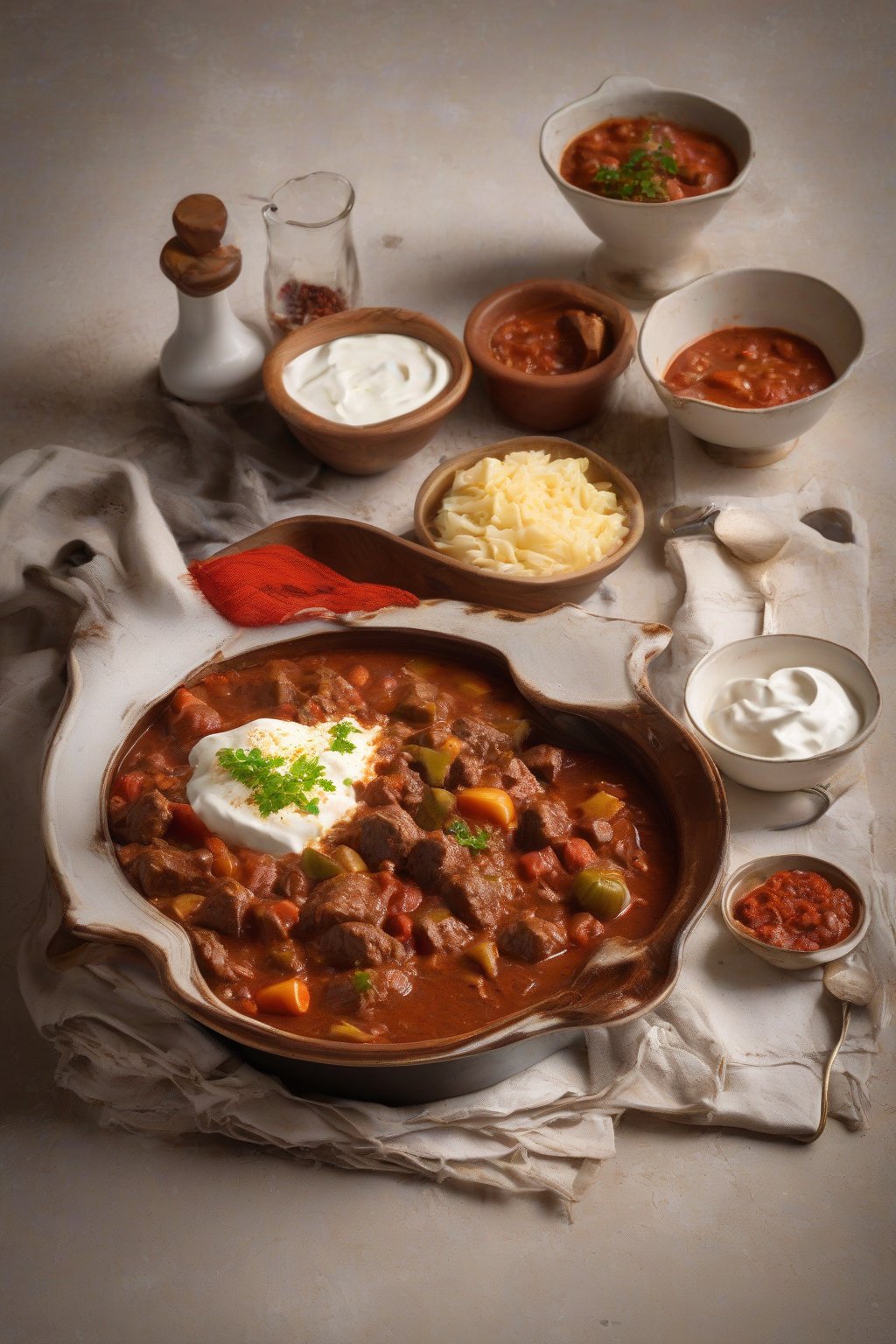 A high-resolution photo of Hungarian goulash stew with red paprika flecks and sour cream dollop, under soft lighting.