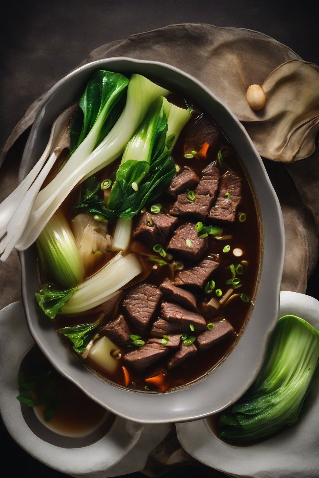 A high-resolution photo of Asian beef stew with bok choy and star anise floating in dark broth, under soft lighting.