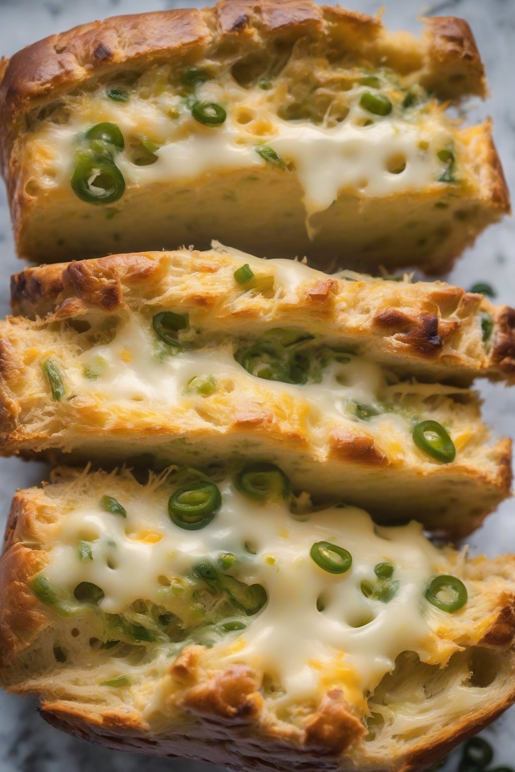 A high-resolution photo of no-knead cheesy jalapeño bread pulled apart, cheese oozing and green flecks visible, under soft lighting.