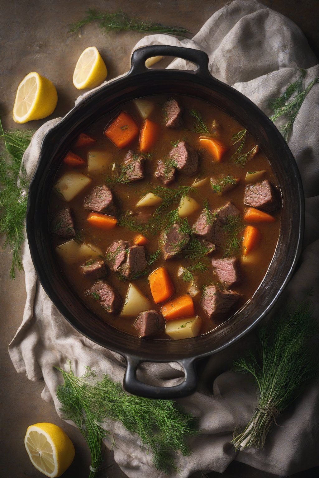 A high-resolution photo of herb-infused beef stew garnished with fresh dill and lemon zest, under soft lighting.