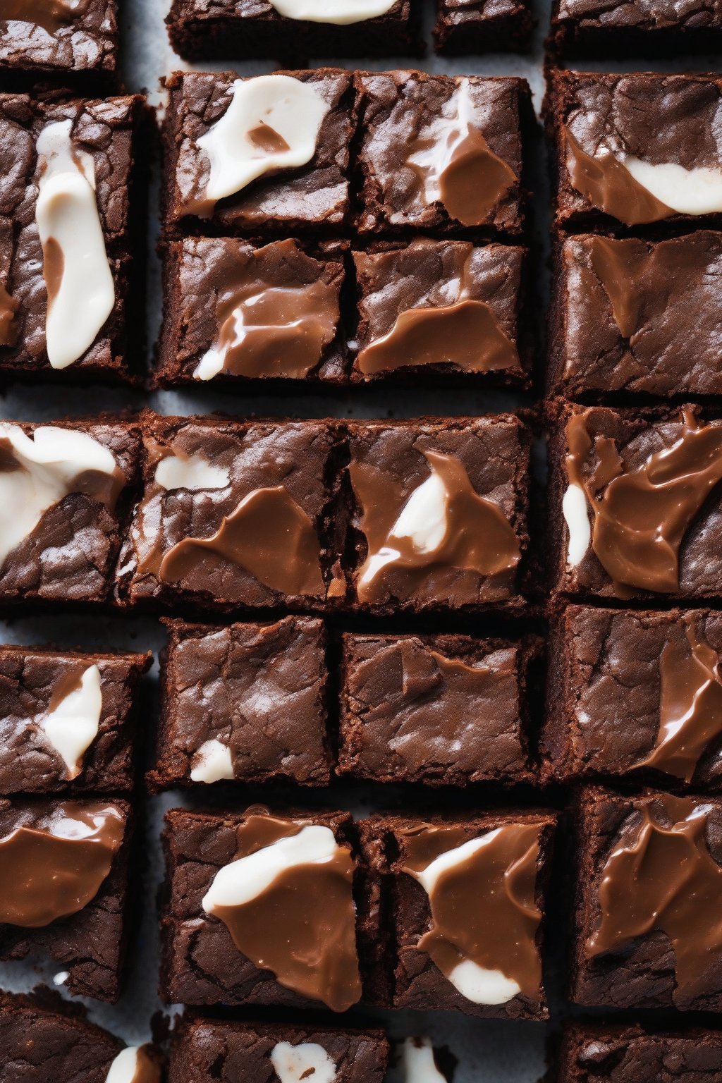 A close-up photo of classic fudgy brownies with a crackly top, cut into squares revealing gooey centers, under soft lighting.