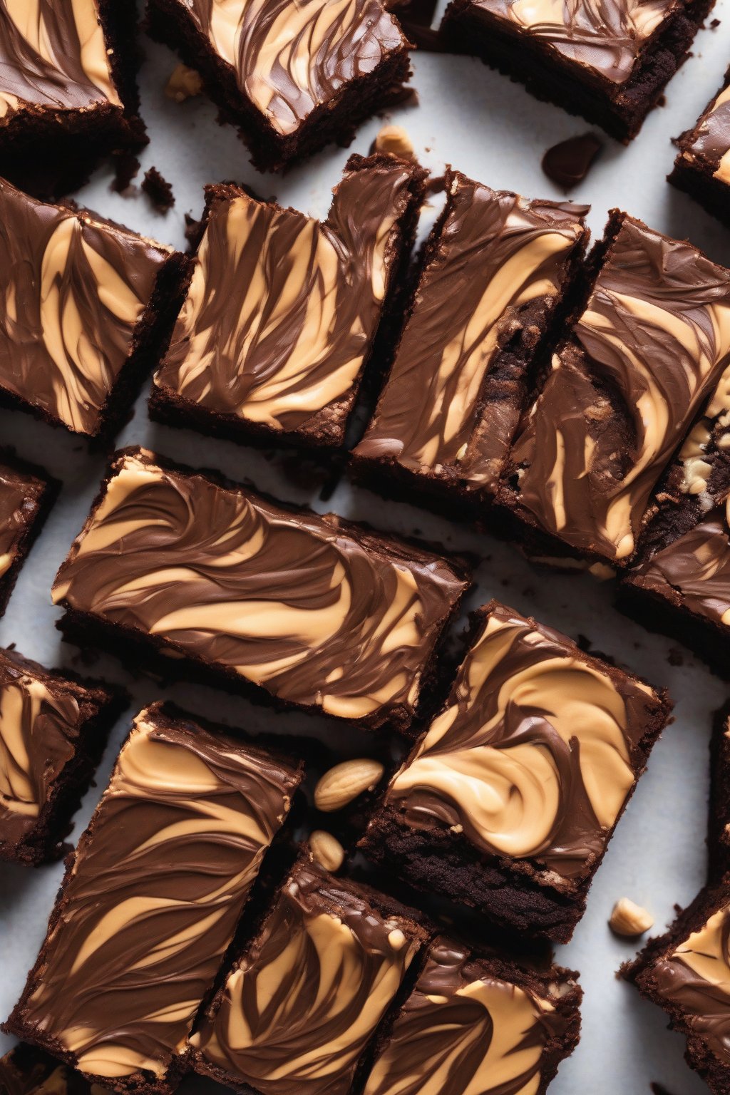 A high-resolution photo of peanut butter swirl fudgy brownies, peanut ribbons marbled through dense chocolate, under soft lighting.