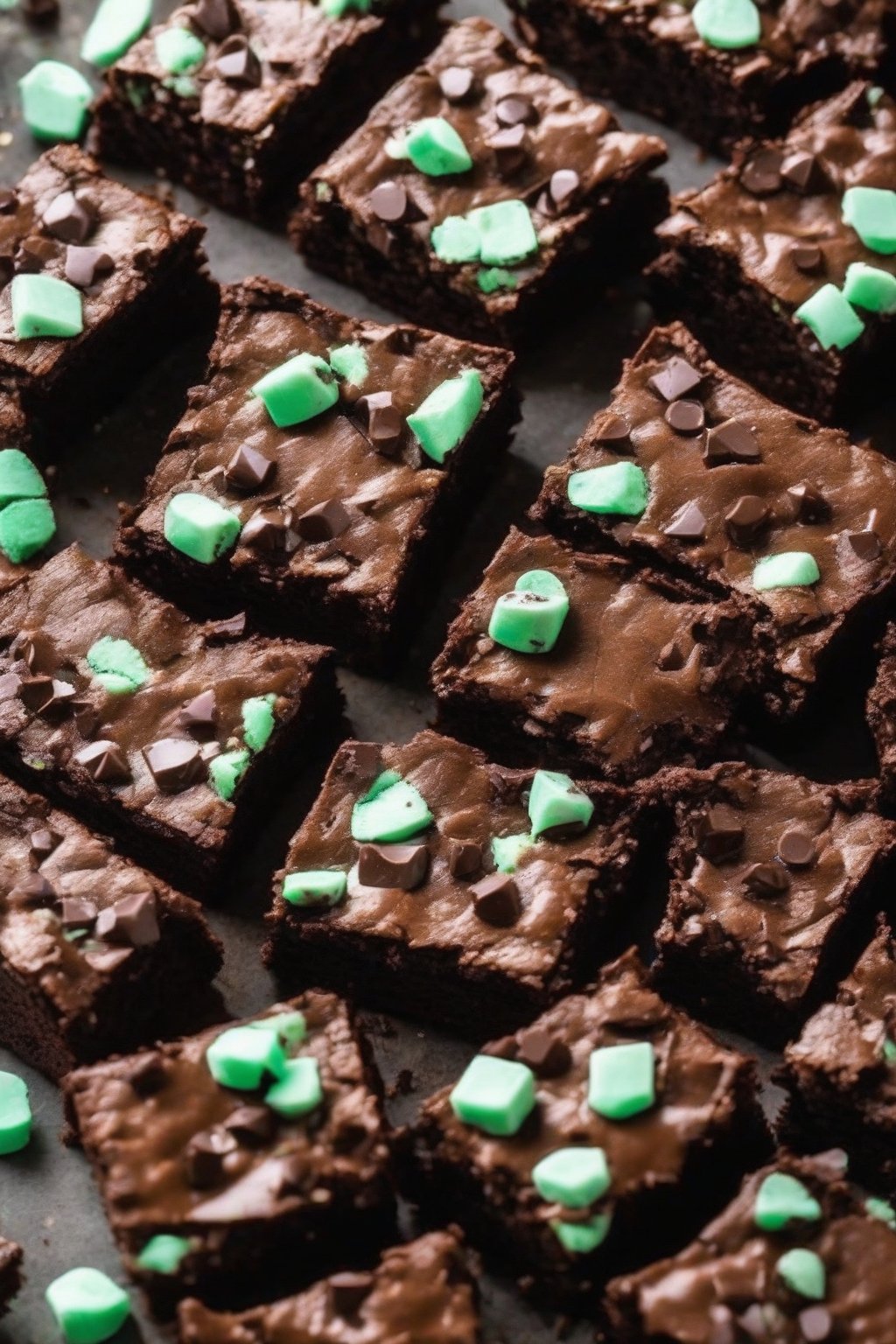 A close-up photo of mint chocolate chip fudgy brownies studded with chips, fudgy edges crisp, under soft lighting.