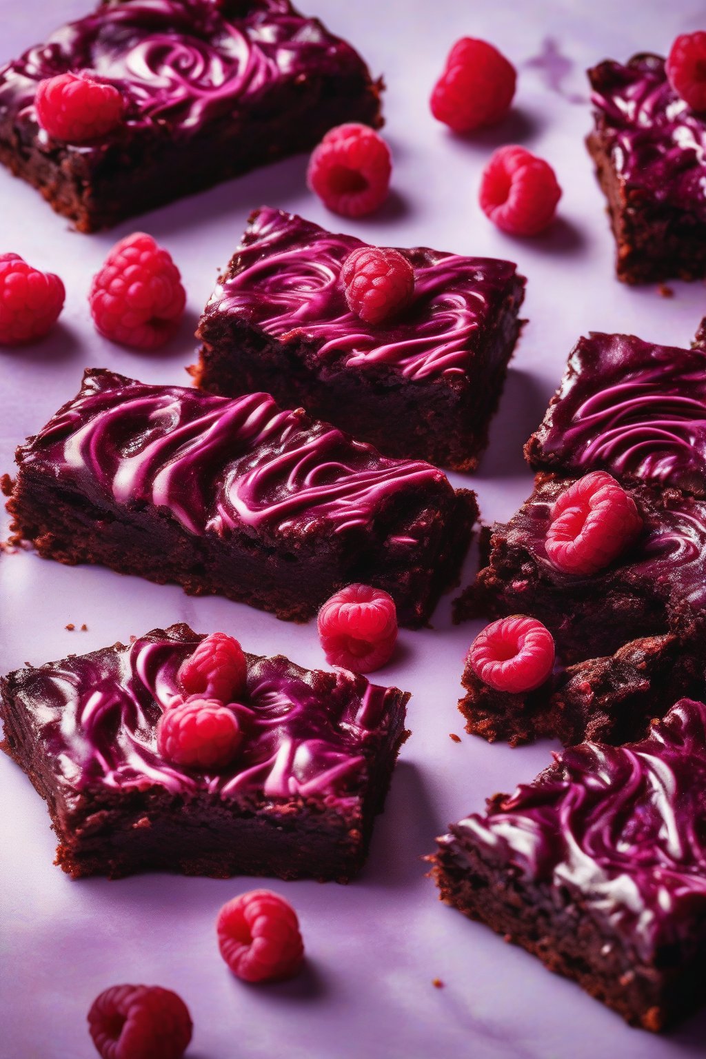 A high-resolution photo of raspberry fudgy brownies with bursting berries and jam swirls on a glossy surface, under soft lighting.