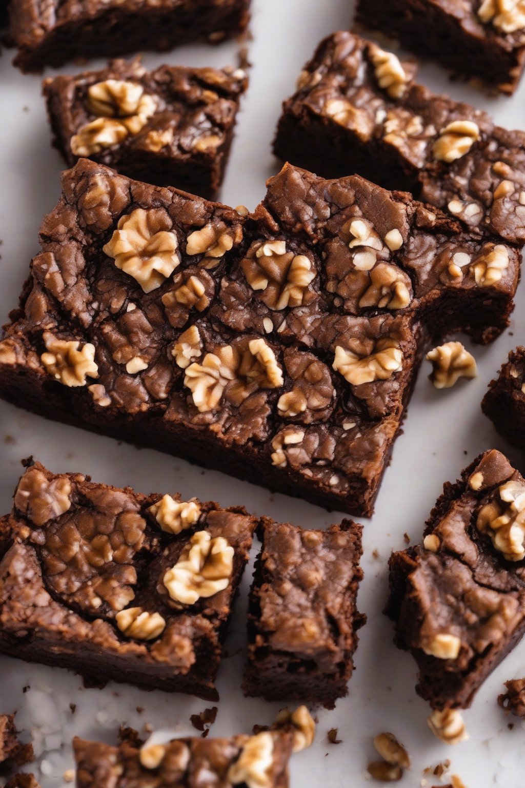 A close-up photo of walnut fudgy brownies, chunks visible in the gooey center with a crackled top, under soft lighting.