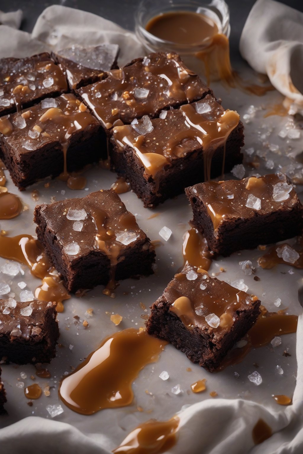 A high-resolution photo of salted caramel fudgy brownies dripping with caramel, sea salt crystals glistening, under soft lighting.