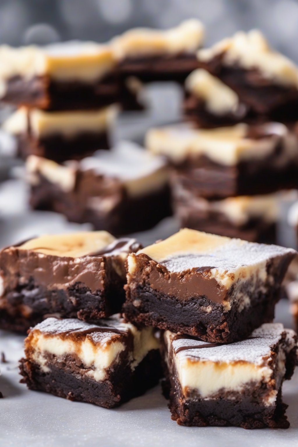 A close-up photo of cheesecake stuffed fudgy brownies, creamy white filling oozing from chocolate edges, under soft lighting.