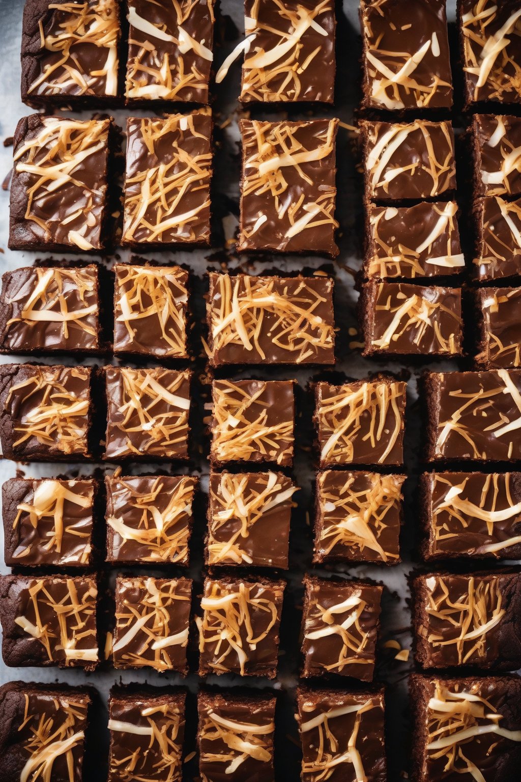 A high-resolution photo of coconut fudgy brownies topped with golden shreds, dense interior peeking through, under soft lighting.