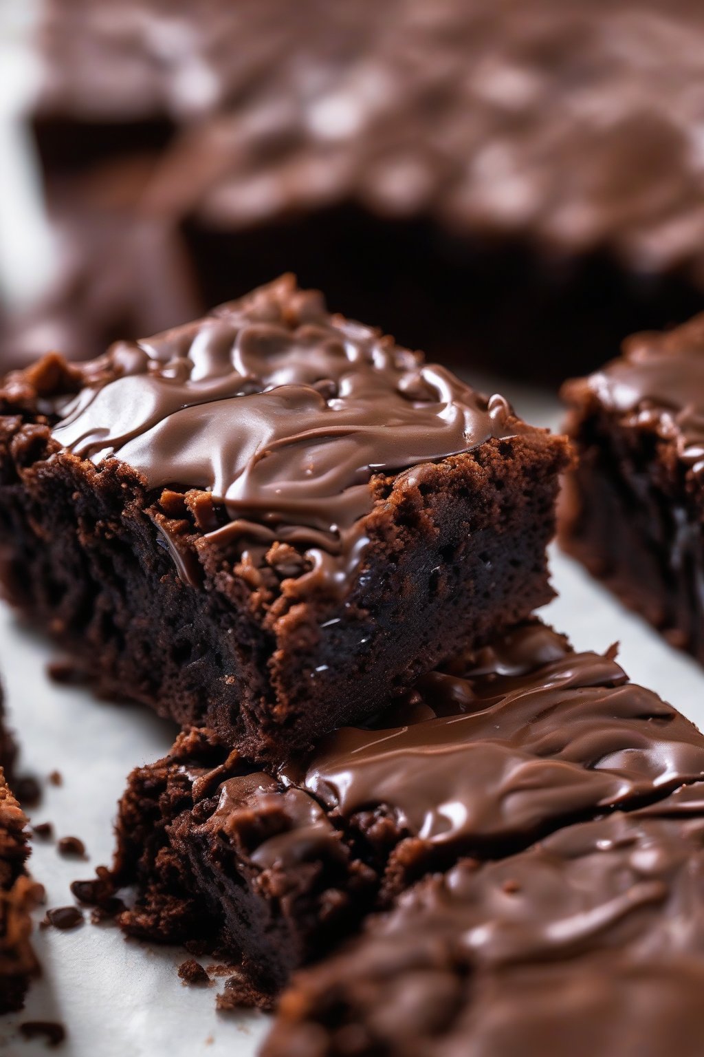 A close-up photo of espresso fudgy brownies with a deep, glossy chocolate surface and rich crumb, under soft lighting.