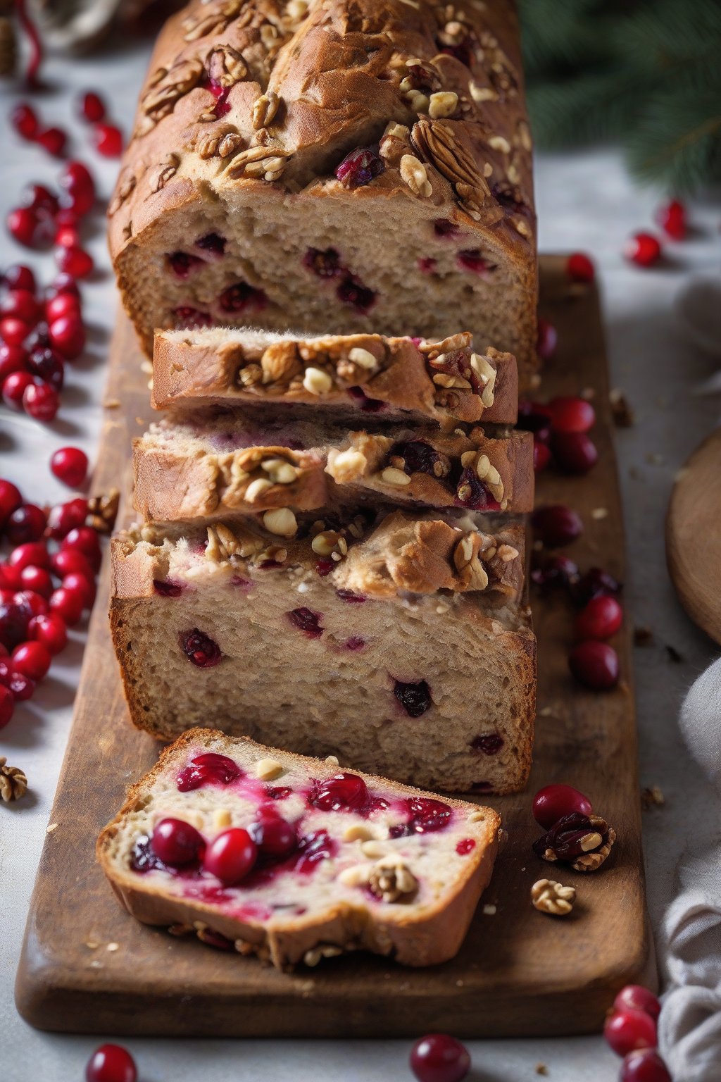 A high-resolution photo of a sliced no-knead cranberry walnut bread showing red berries and nuts in the crumb, on a festive board, under soft lighting.