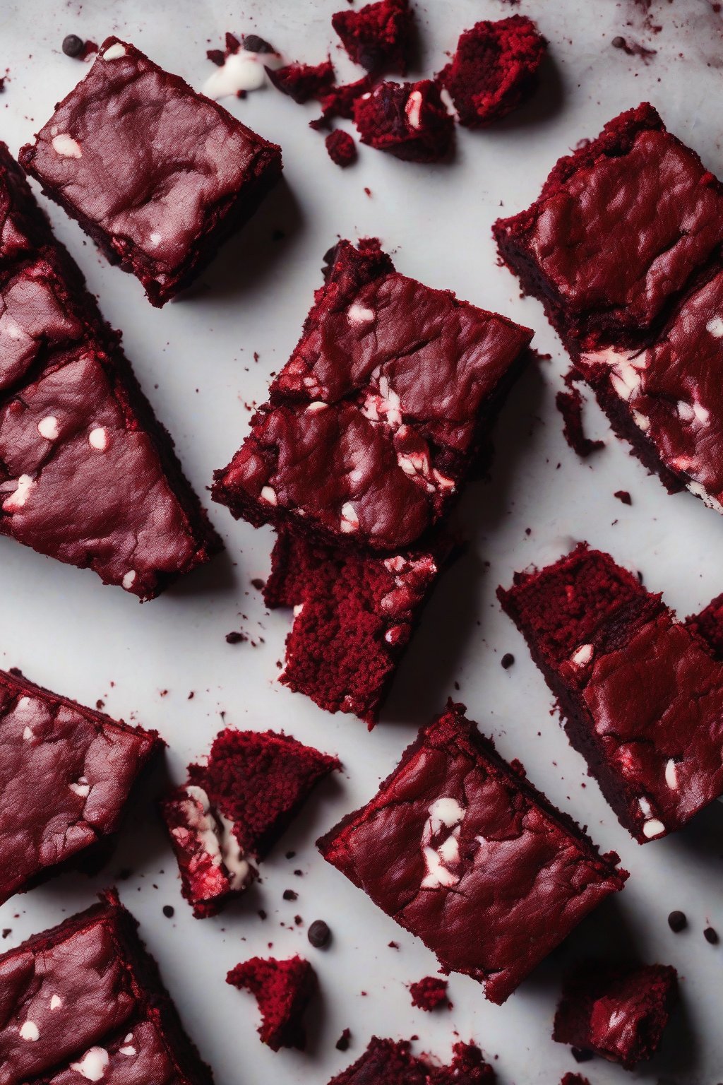 A high-resolution photo of red velvet fudgy brownies, vibrant red centers with crackly tops, under soft lighting.