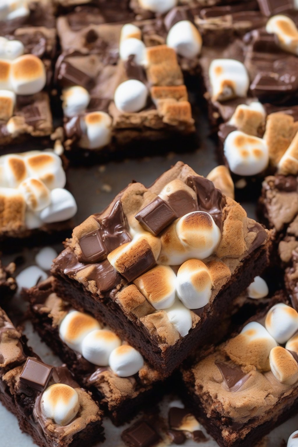 A close-up photo of s'mores fudgy brownies with toasted marshmallows and graham bits, melty chocolate oozing, under soft lighting.