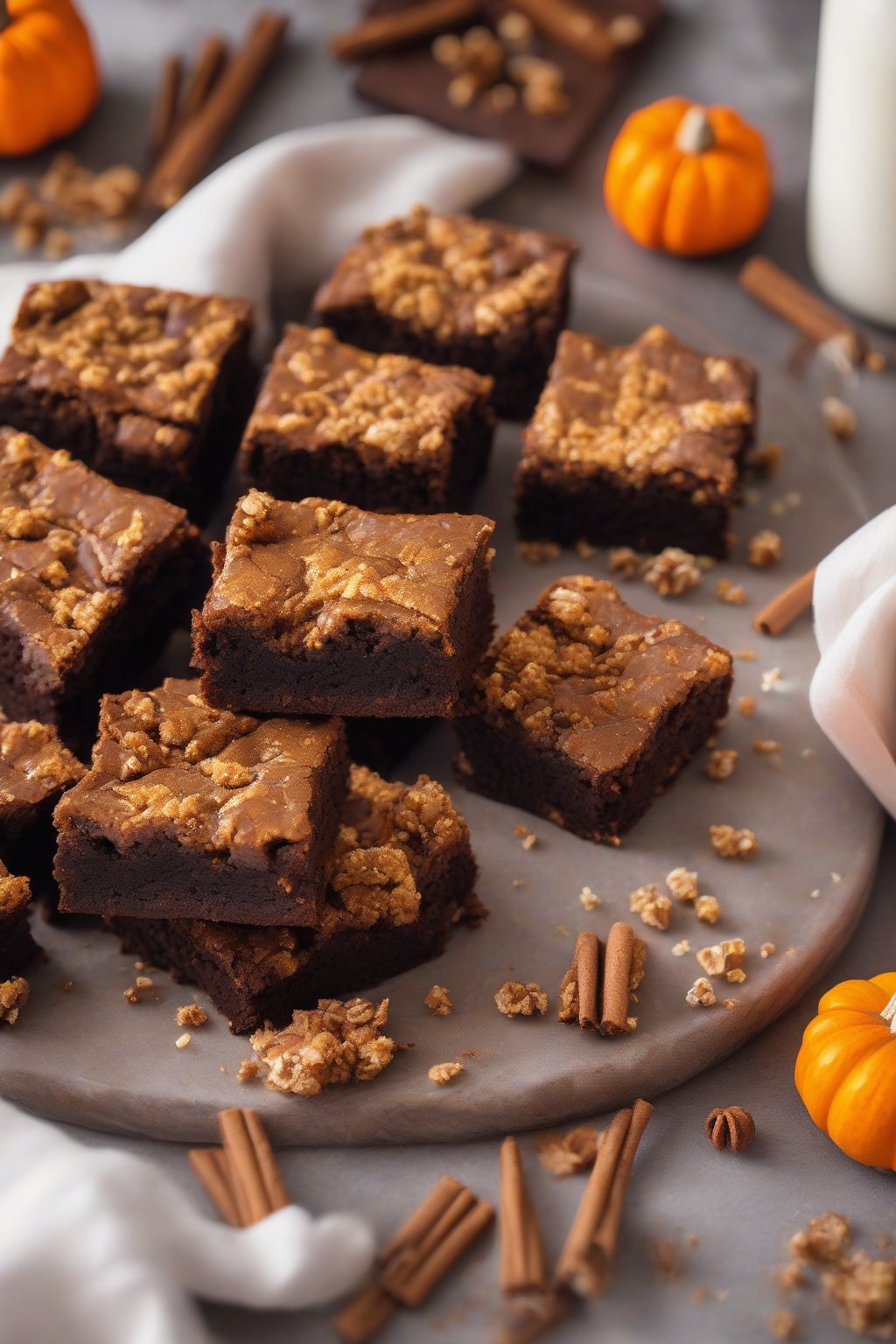 A high-resolution photo of pumpkin spice fudgy brownies, spiced crumb with orange hints in the dense slice, under soft lighting.