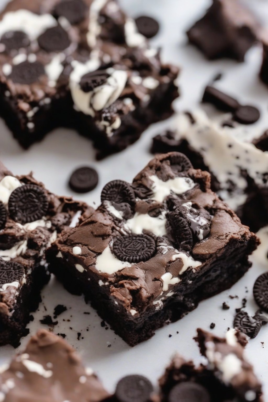 A close-up photo of Oreo fudgy brownies packed with cookie chunks, creamy filling visible in gooey centers, under soft lighting.