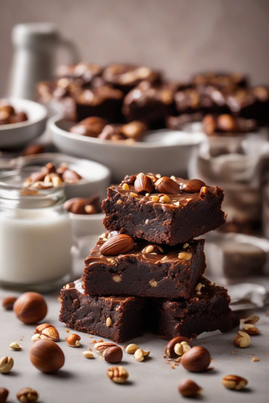 A high-resolution photo of hazelnut fudgy brownies swirled with spread, nuts studding the shiny top, under soft lighting.