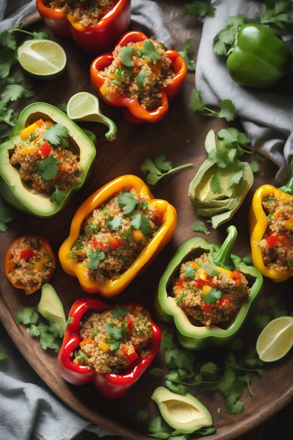 A high-resolution photo of quinoa-stuffed bell peppers topped with avocado and cilantro under soft lighting.