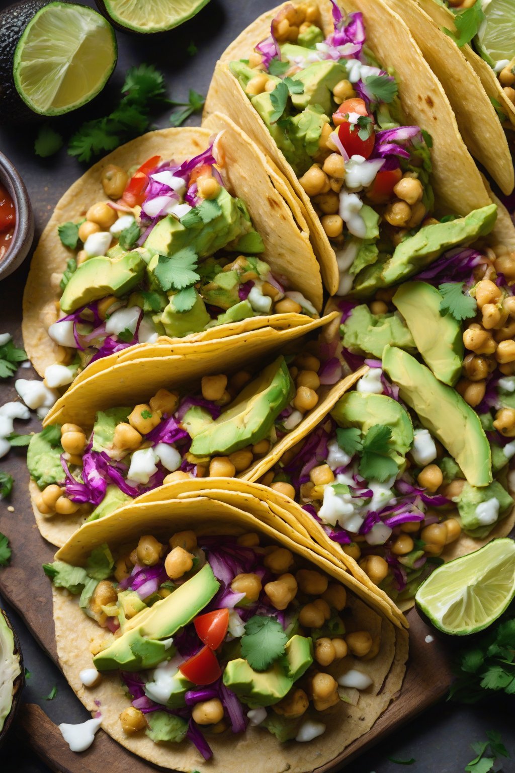 A high-resolution photo of open avocado chickpea smash tacos with fresh toppings under soft lighting.