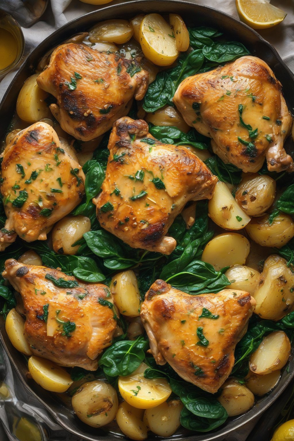 A high-resolution photo of golden lemon garlic chicken thighs with potatoes and spinach under soft lighting.
