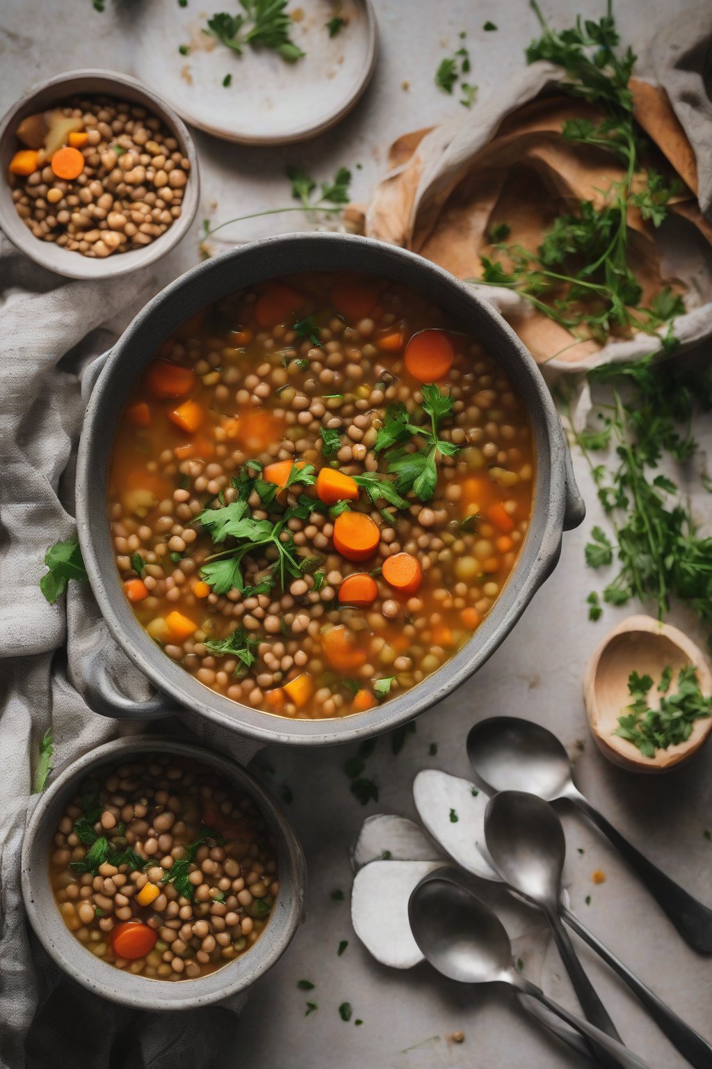 A high-resolution photo of steaming veggie-loaded lentil soup in a bowl with herbs under soft lighting.