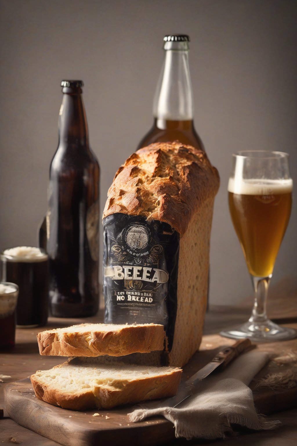A high-resolution photo of crusty no-knead beer bread loaf with a dark, glossy exterior, beside a beer bottle, under soft lighting.