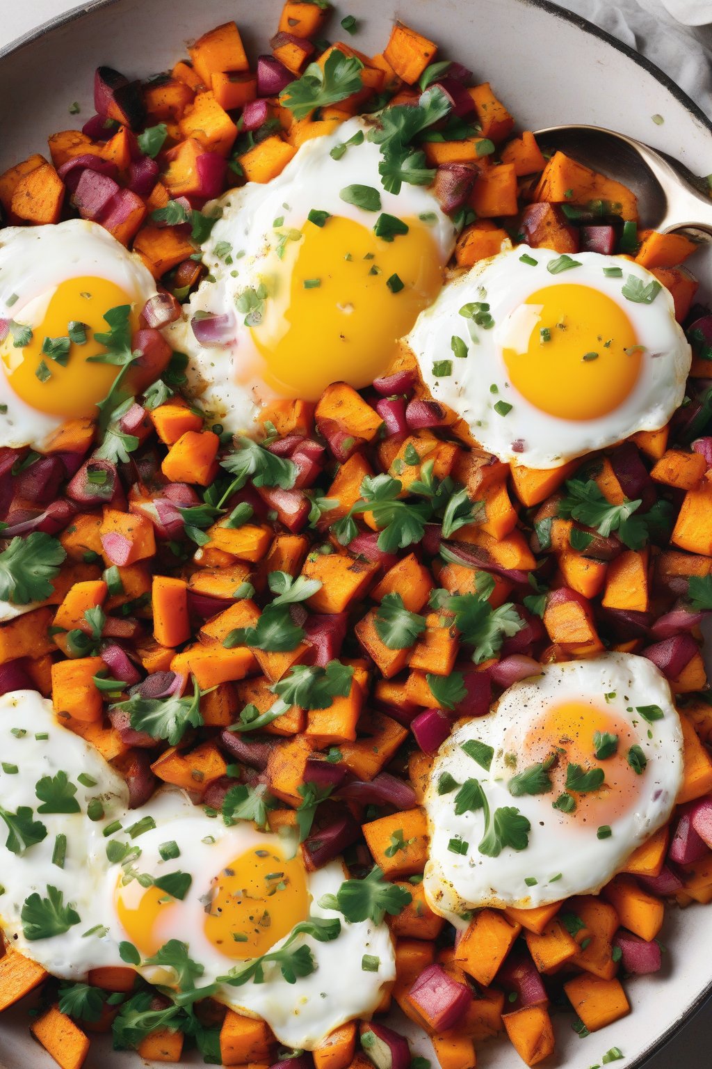 A high-resolution photo of colorful sweet potato hash topped with sunny-side-up eggs under soft lighting.