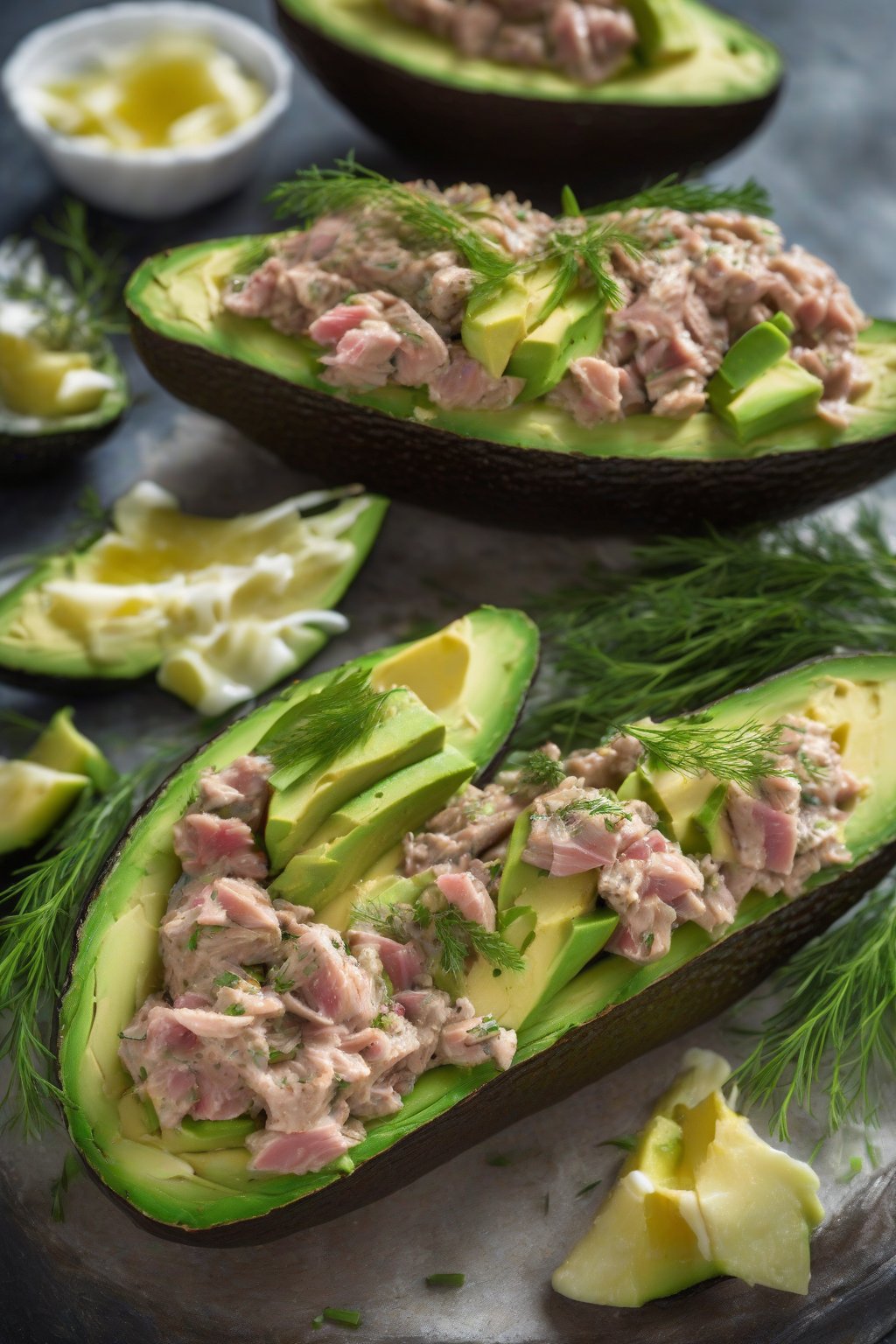 A high-resolution photo of tuna-filled avocado boats with fresh dill under soft lighting.
