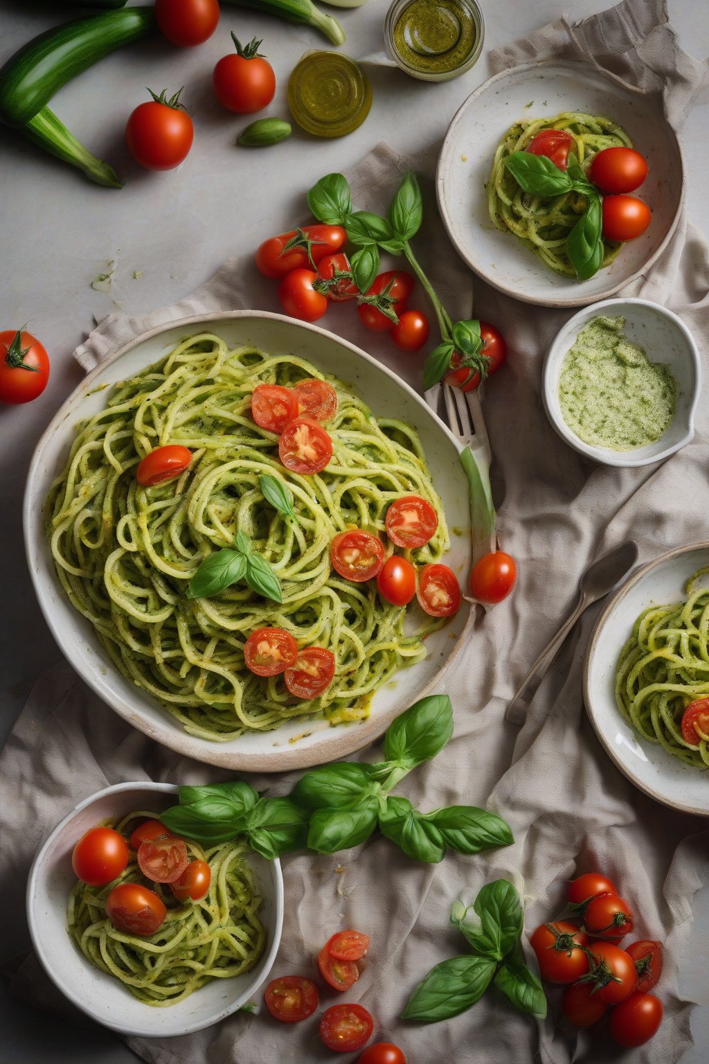 A high-resolution photo of vibrant zucchini noodle pesto with tomatoes under soft lighting.