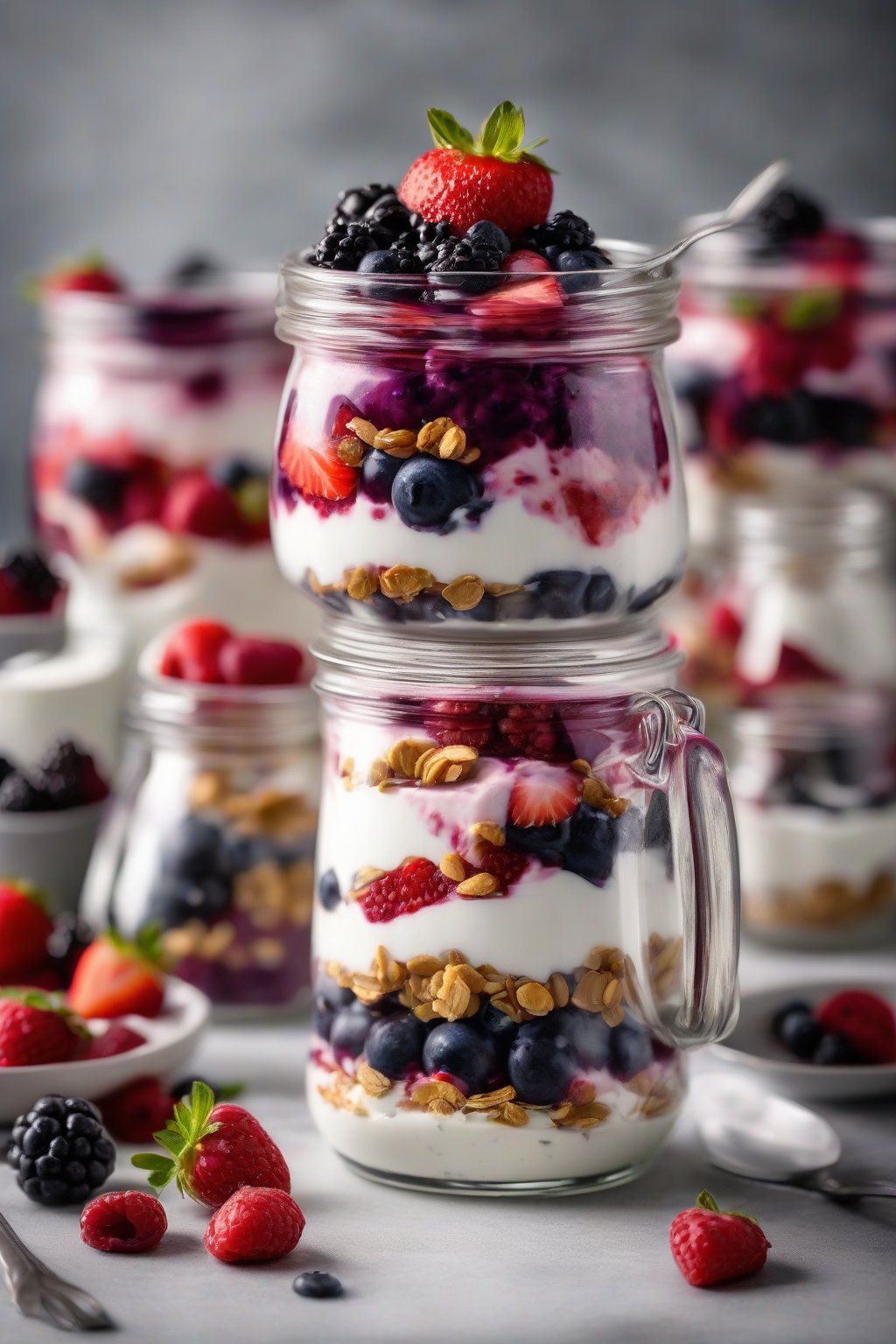 A high-resolution photo of layered berry Greek yogurt parfait in a glass jar under soft lighting.