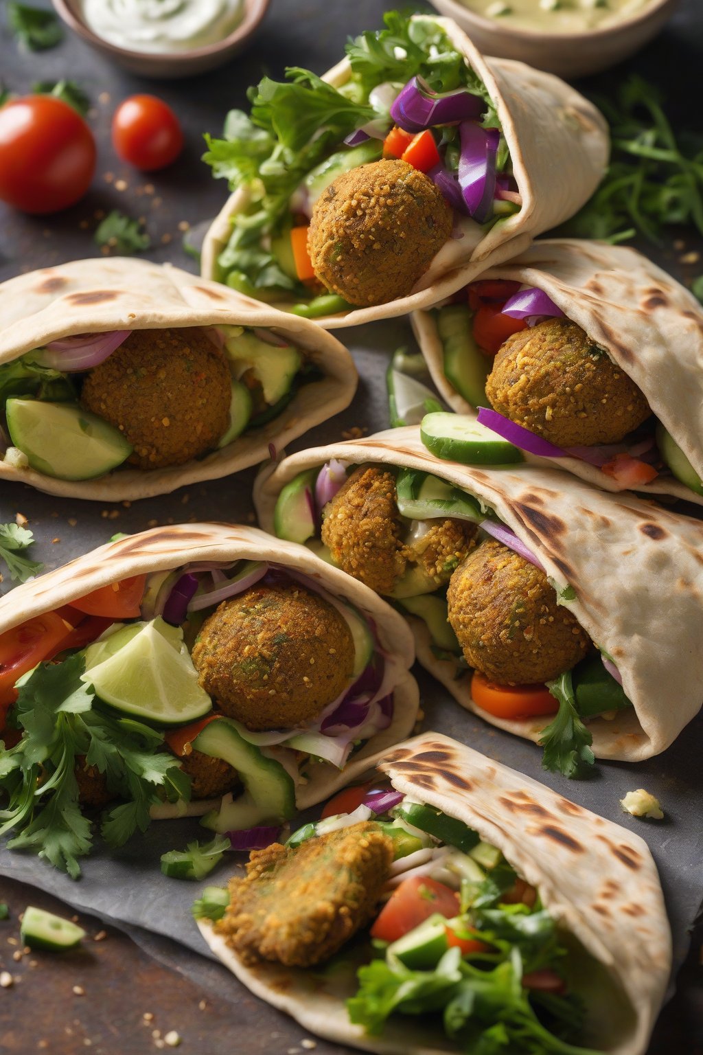 A high-resolution photo of crispy baked falafel in pita pockets with veggies under soft lighting.