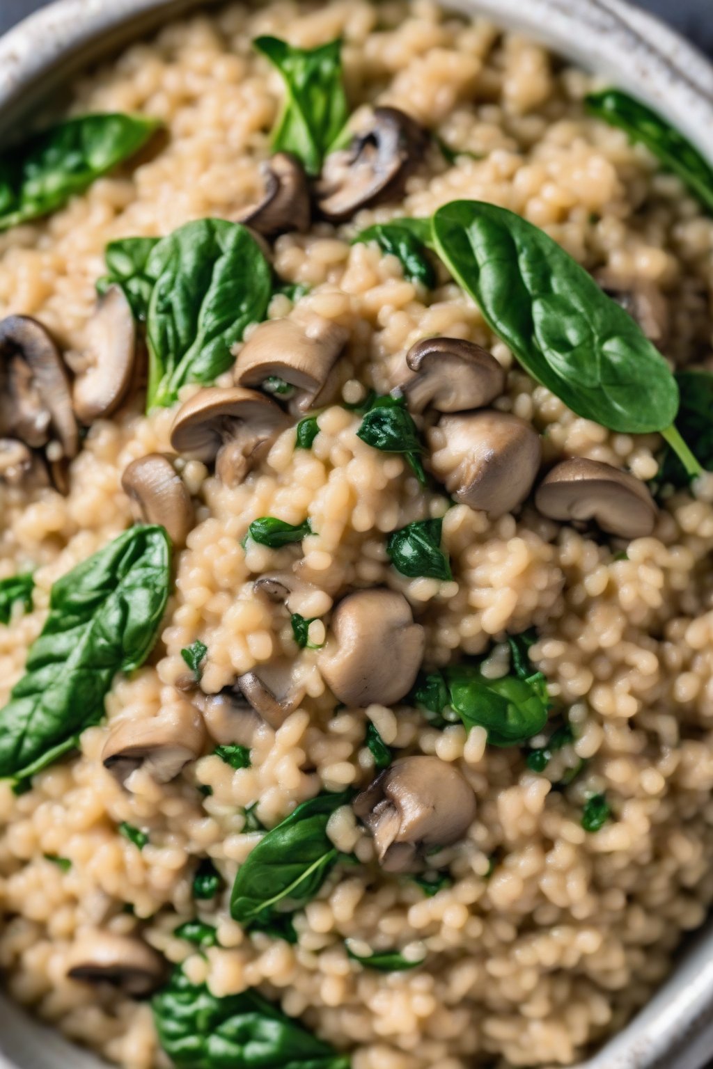 A high-resolution photo of creamy mushroom quinoa risotto garnished with spinach under soft lighting.