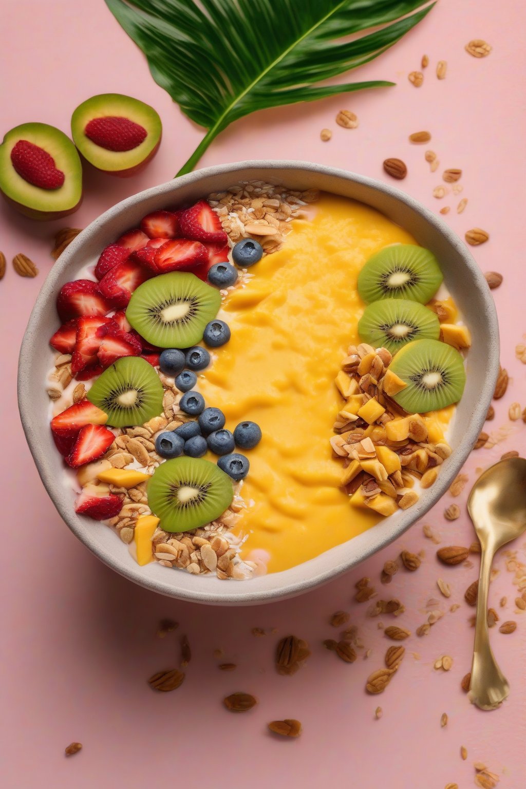 A high-resolution photo of a tropical mango smoothie bowl with colorful toppings under soft lighting.