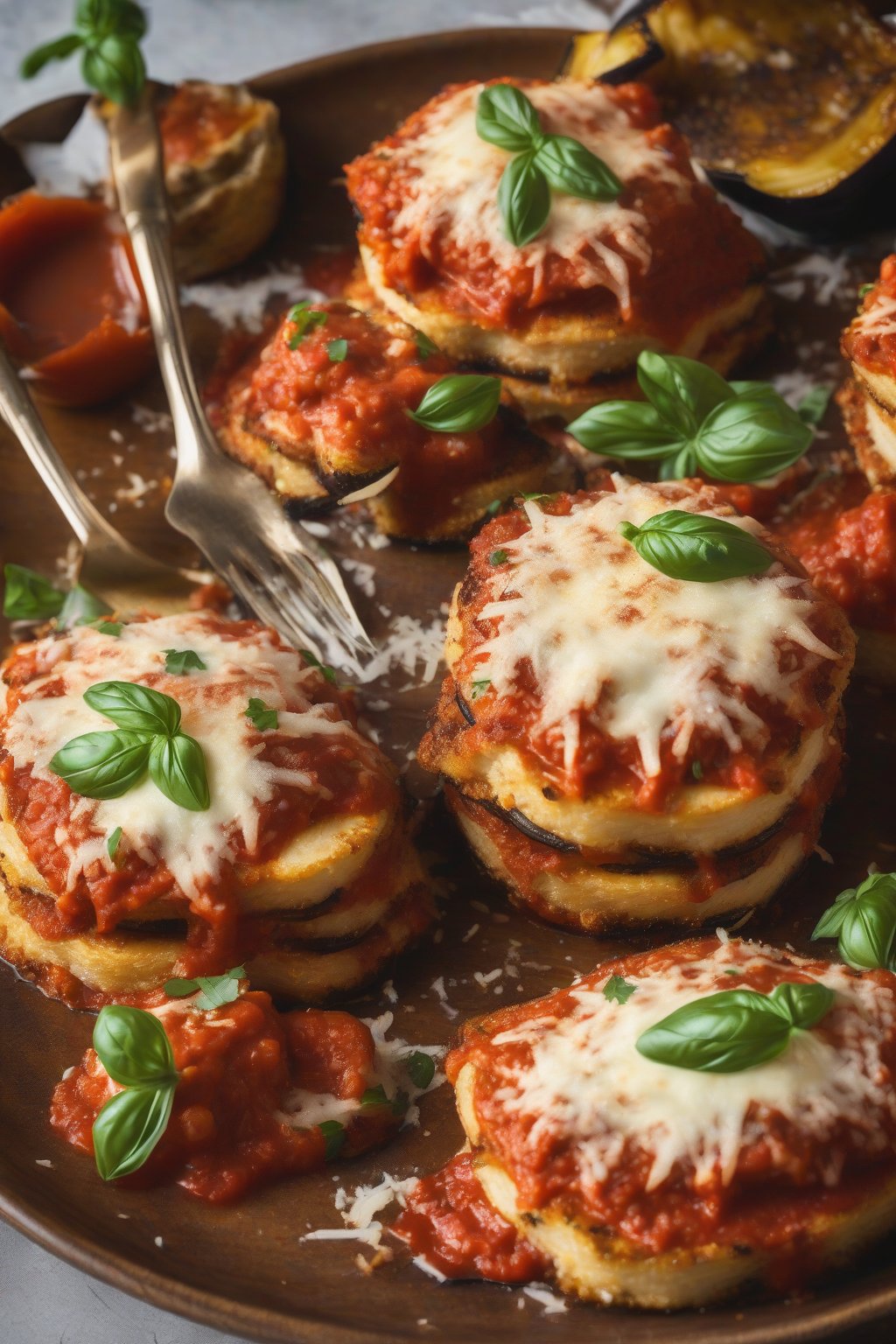 A high-resolution photo of golden eggplant Parmesan stacks with marinara under soft lighting.