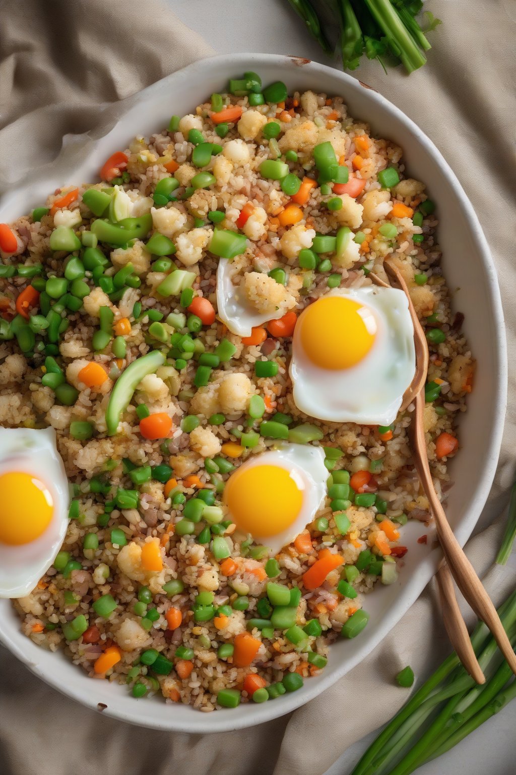 A high-resolution photo of cauliflower fried rice with veggies and egg under soft lighting.