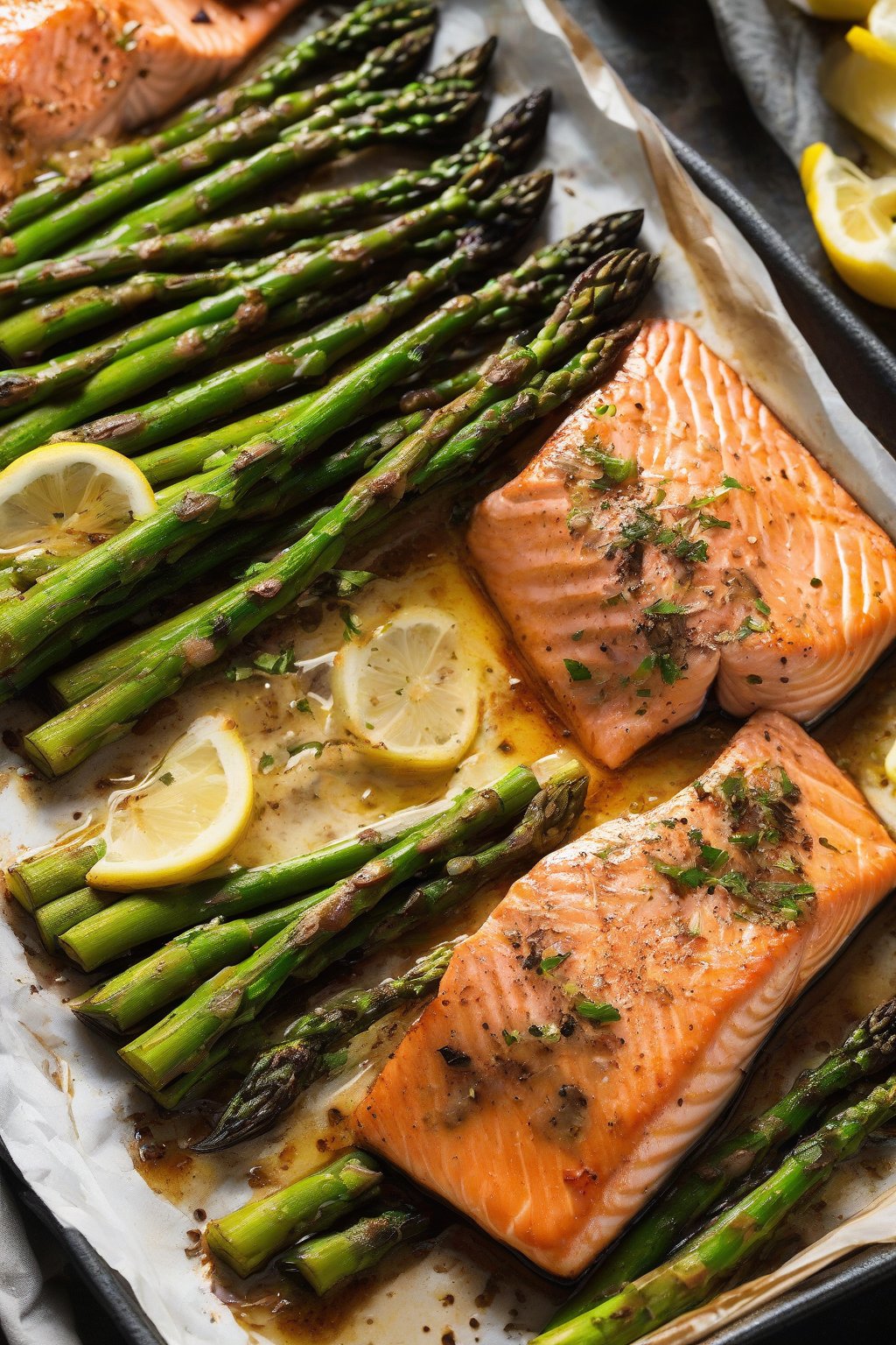 A high-resolution photo of flaky sheet-pan salmon with charred asparagus under soft lighting.