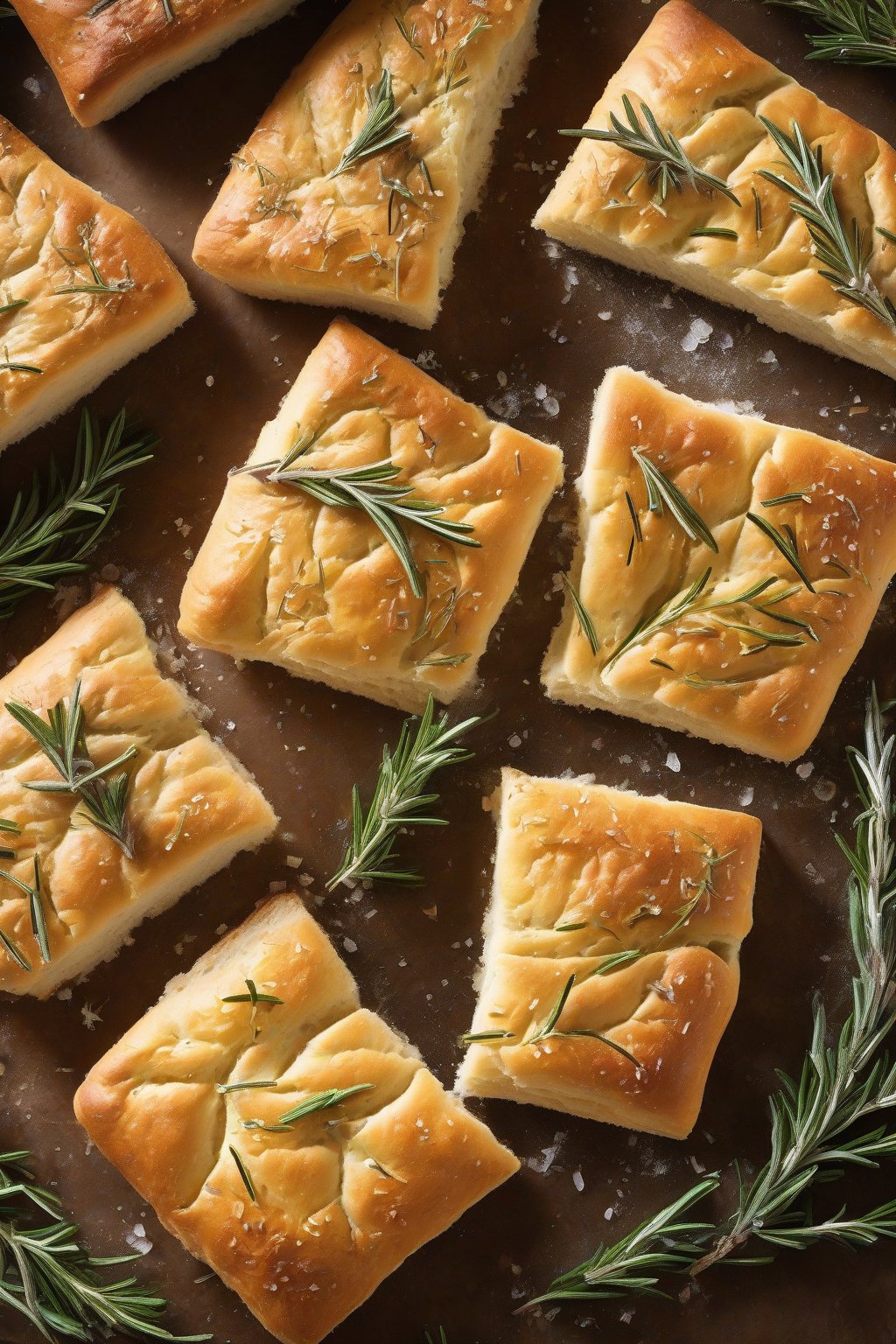 A high-resolution photo of dimpled no-knead focaccia-style bread topped with rosemary and sea salt, golden and oily, under soft lighting.