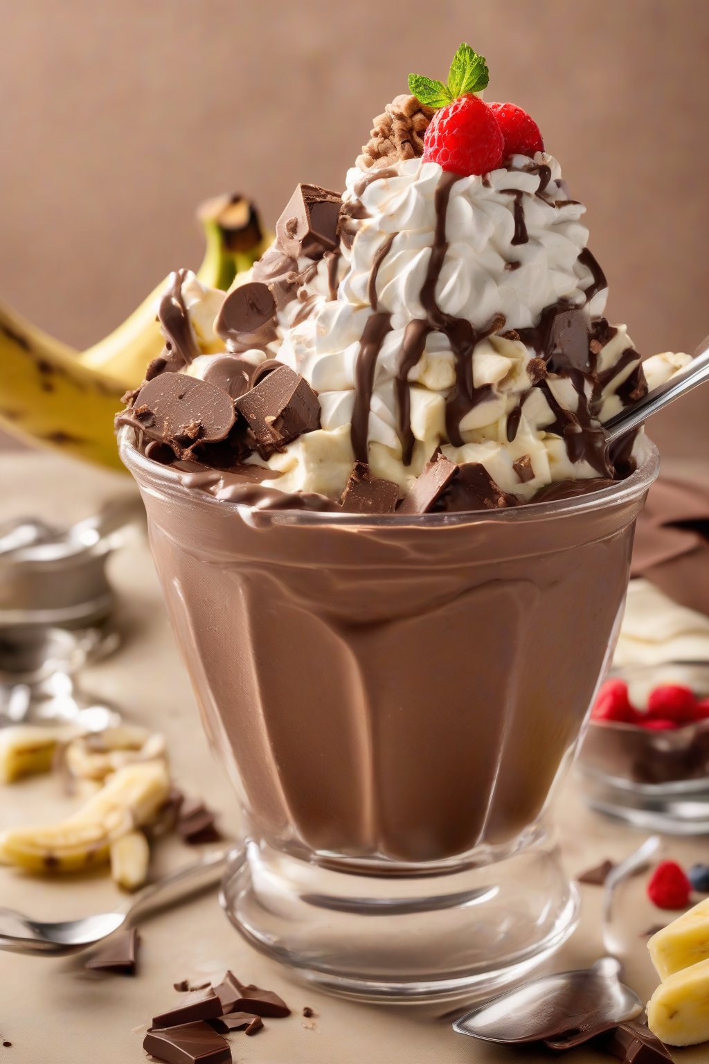 A high-resolution photo of chocolate banana nice cream sundae with toppings under soft lighting.