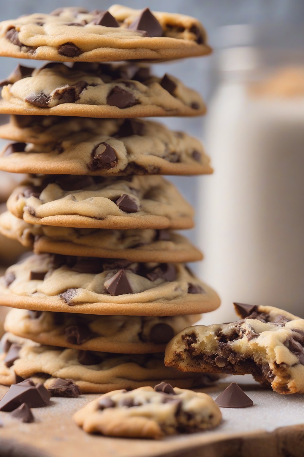 A high-resolution photo of classic chewy chocolate chip cookies stacked on a wooden board, melty chips visible, under soft lighting.