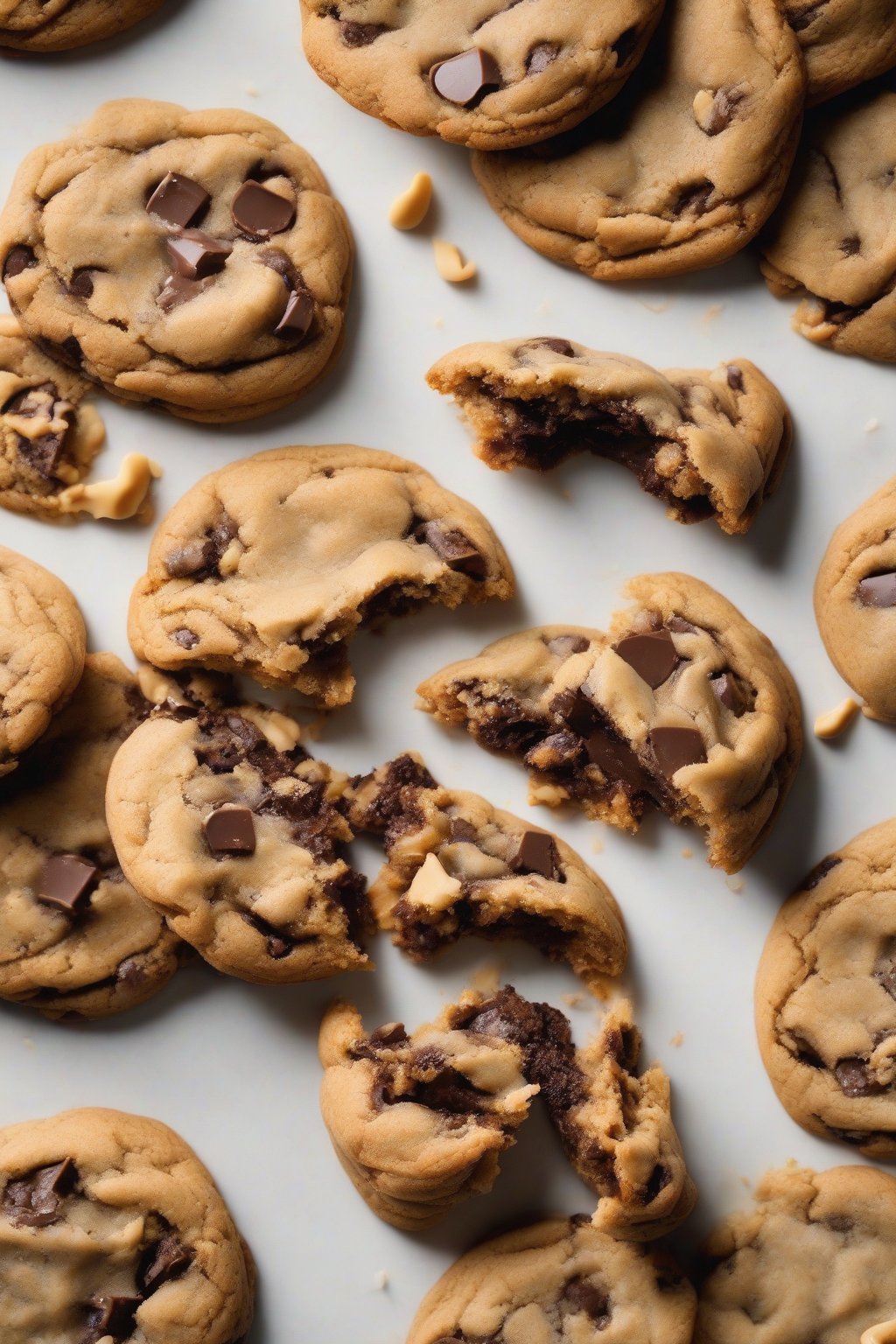 A high-resolution photo of peanut butter stuffed chewy chocolate chip cookies broken open to show filling, under soft lighting.
