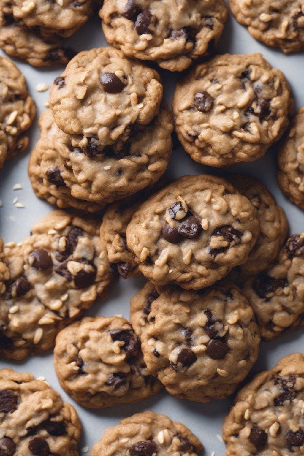 A high-resolution photo of oatmeal raisin chewy chocolate chip cookies piled high, oats textured, under soft lighting.