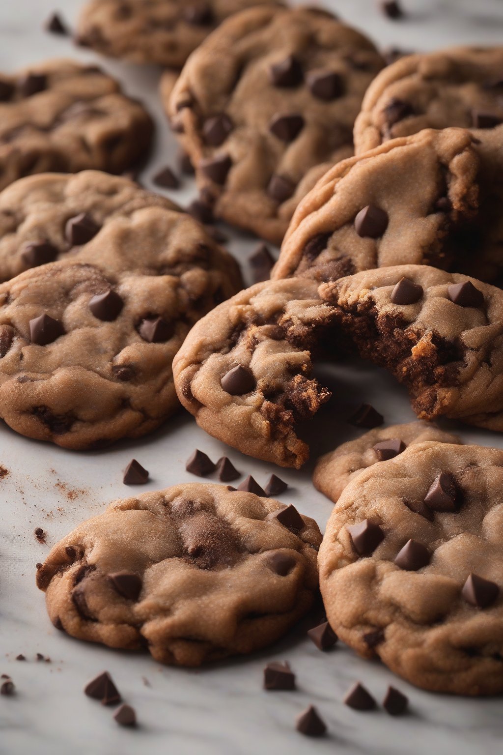 A high-resolution photo of Mexican spice chewy chocolate chip cookies dusted with cinnamon, steam rising, under soft lighting.