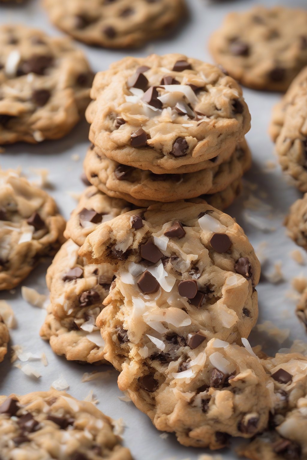A high-resolution photo of coconut flake chewy chocolate chip cookies with flakes visible, under soft lighting.