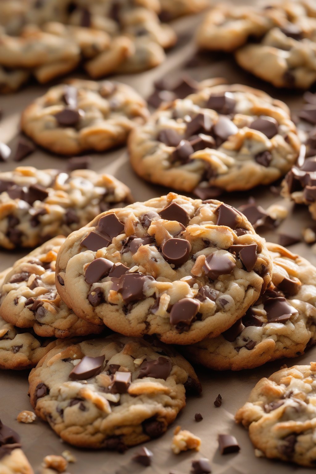 A high-resolution photo of pretzel crunch chewy chocolate chip cookies with salty bits, under soft lighting.
