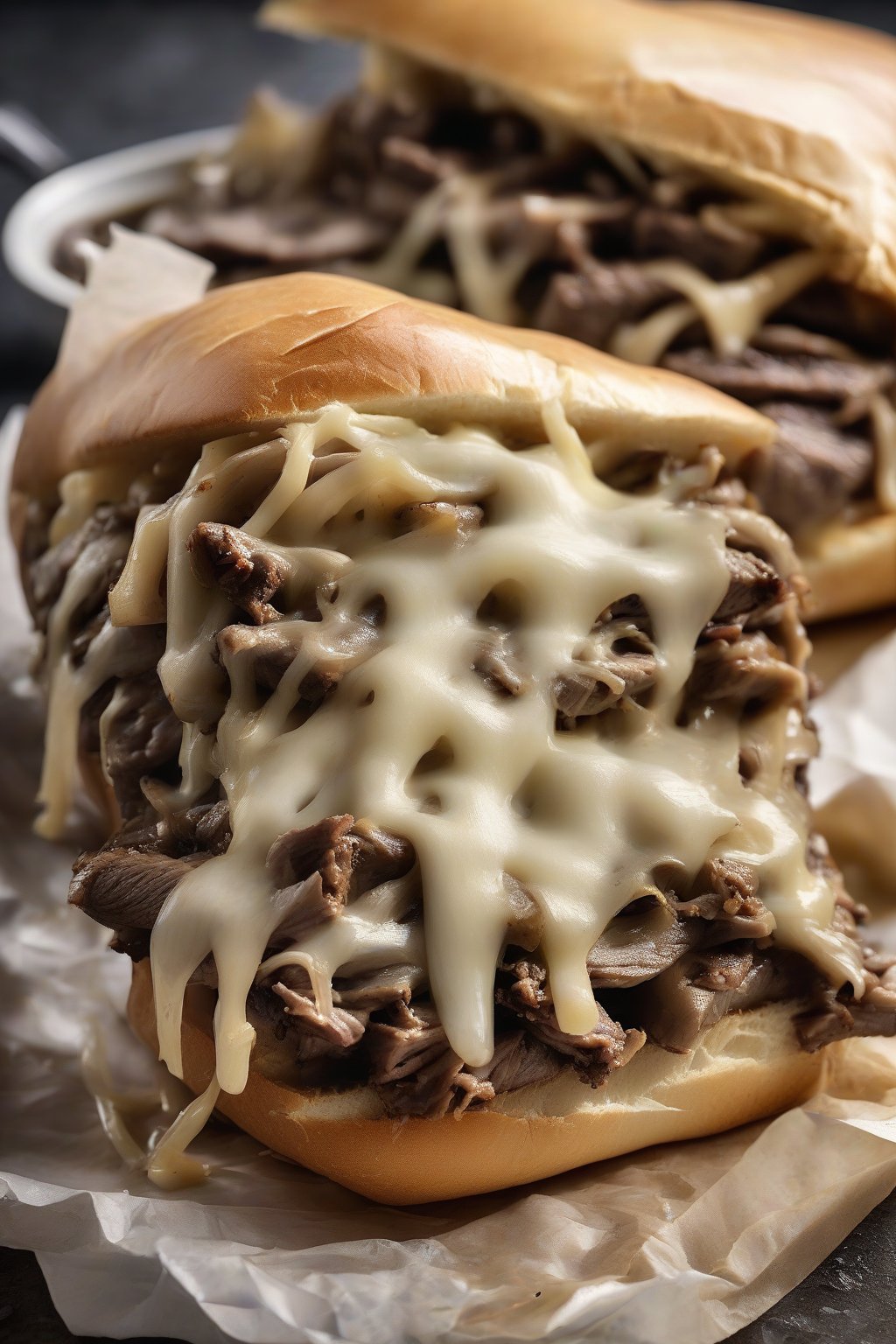 A high-resolution photo of a provolone Philly cheesesteak with strings of melted cheese pulling apart, onions peeking out from the juicy beef on a crusty roll, under soft lighting.