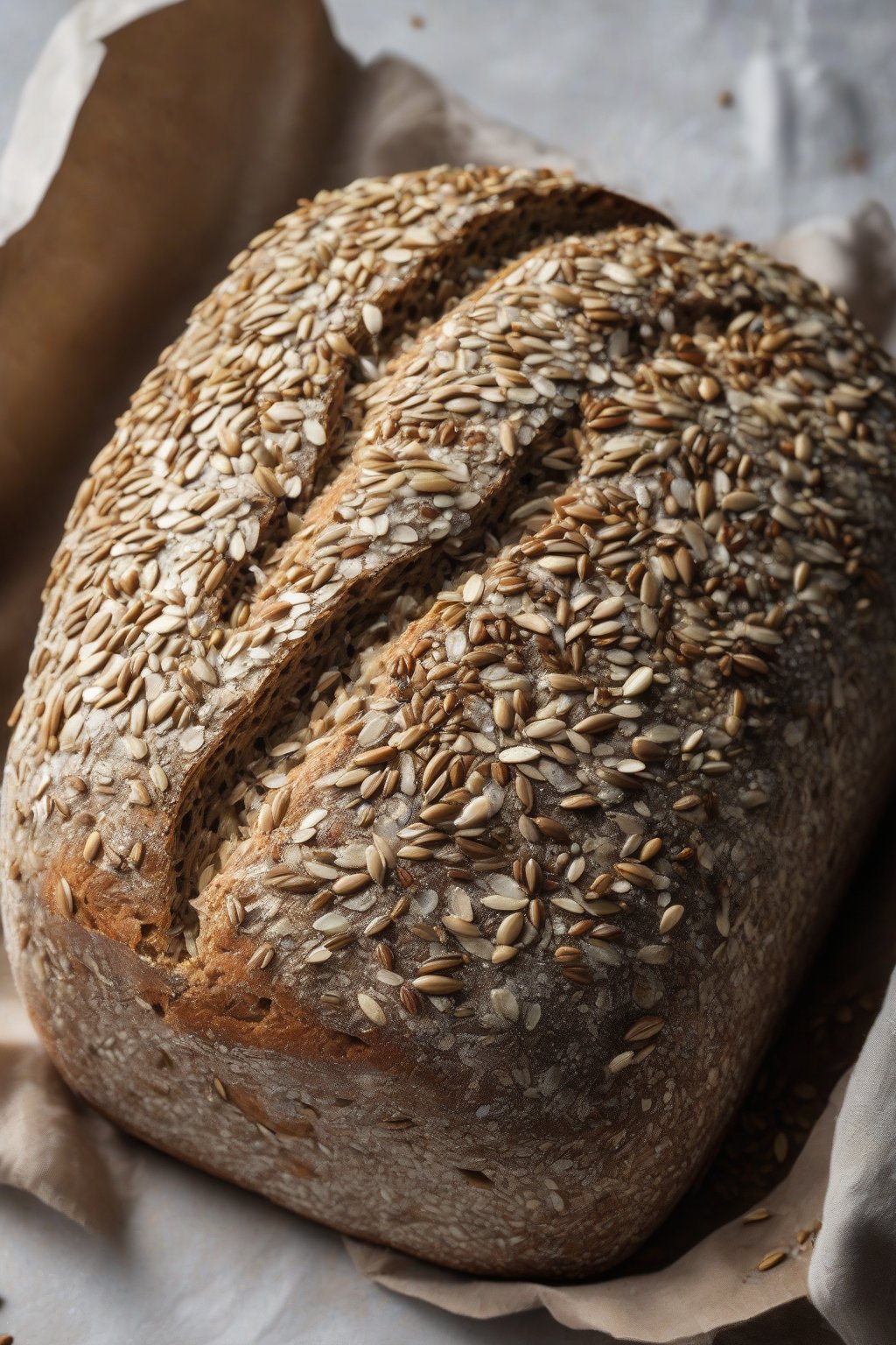 A high-resolution photo of a seeded no-knead multigrain bread loaf dusted with seeds on top and sides, rustic and wholesome, under soft lighting.