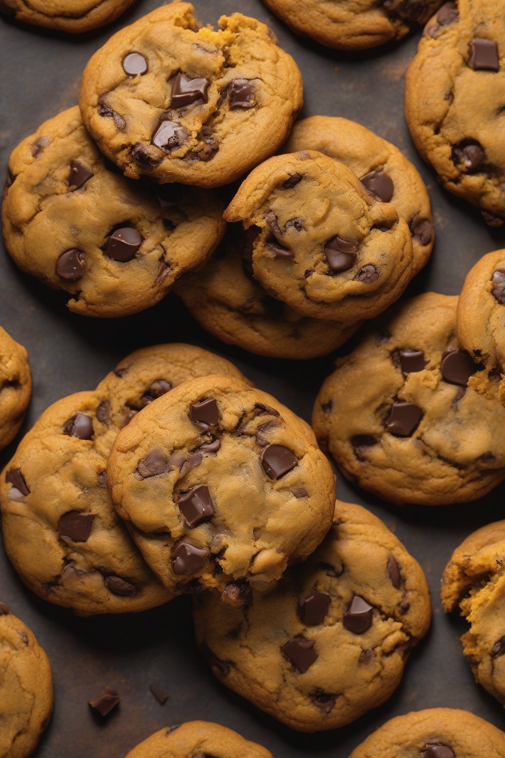 A high-resolution photo of pumpkin chewy chocolate chip cookies with orange hue, under soft lighting.
